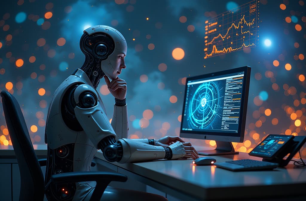  "an intricate digital landscape illustrating the concept of machine learning, with abstract representations of neural networks and flowing data streams. in the foreground, a thoughtful ai figure sits at a futuristic workstation, adjusting dials and levers labeled with various languages and symbols, surrounded by glowing holographic data visualizations. the background features a cosmic setting, with swirling galaxies and interconnected nodes, symbolizing the vast knowledge and potential of advanced technology." hyperrealistic, full body, detailed clothing, highly detailed, cinematic lighting, stunningly beautiful, intricate, sharp focus, f/1. 8, 85mm, (centered image composition), (professionally color graded), ((bright soft diffused light)), volumetric fog, trending on instagram, trending on tumblr, HDR 4K, 8K