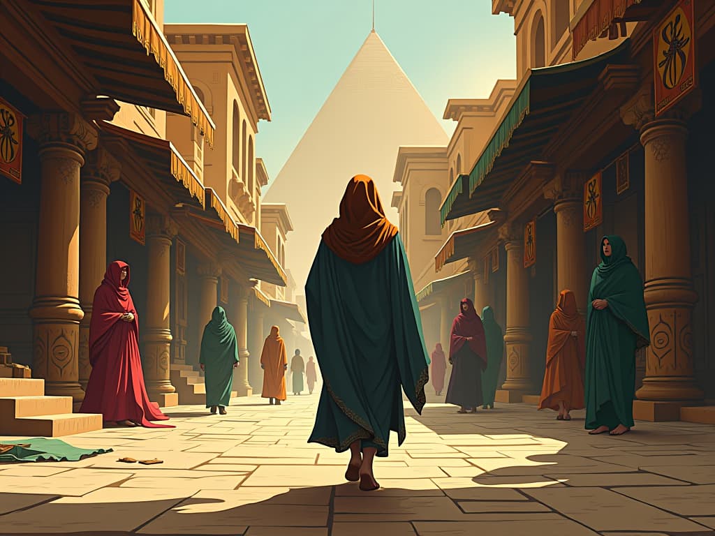  a lone figure walking away from a bustling marketplace, traditional robes flowing, symbolizing withdrawal from societal norms. the style is digital art illustration / modern comic book / mysterious occult, symbolic, esoteric vibe,high detail on character design, incorporating ancient egyptian symbology and attire.