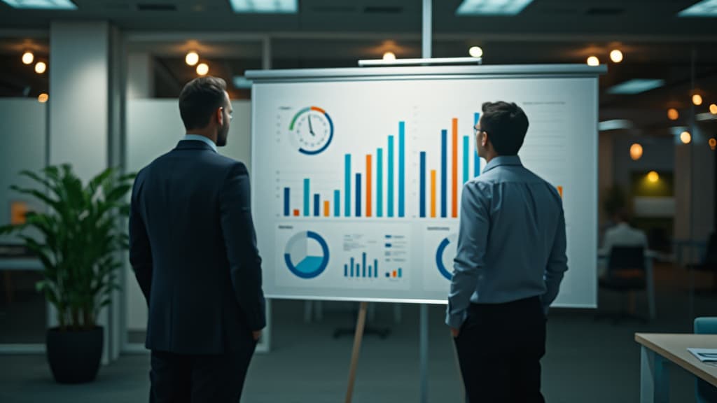  cinematic photo two full length businessmen are standing next to a chart board in the office . 35mm photograph, film, bokeh, professional, 4k, highly detailed