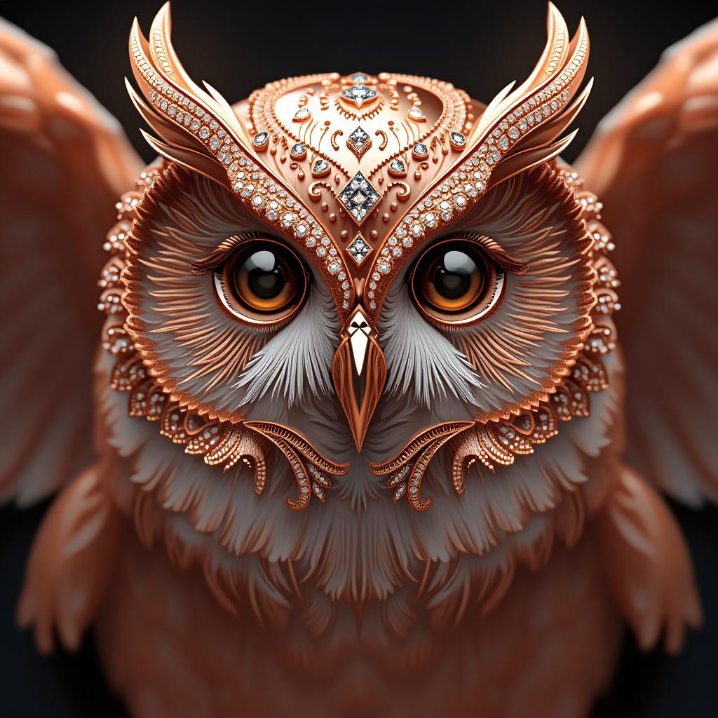  a rose gold owl with diamond studded eyes and spread wings,, high quality, high details, hd, perfect composition, 4k epic detailed, highly detailed, sharp focus, high resolution