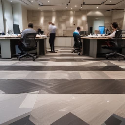 A photo of a team of craftsmen meticulously installing sophisticated geometric-patterned vinyl flooring in a modern corporate office during the early evening, with warm ambient lighting casting soft shadows that accentuate the intricate details of the flooring design.