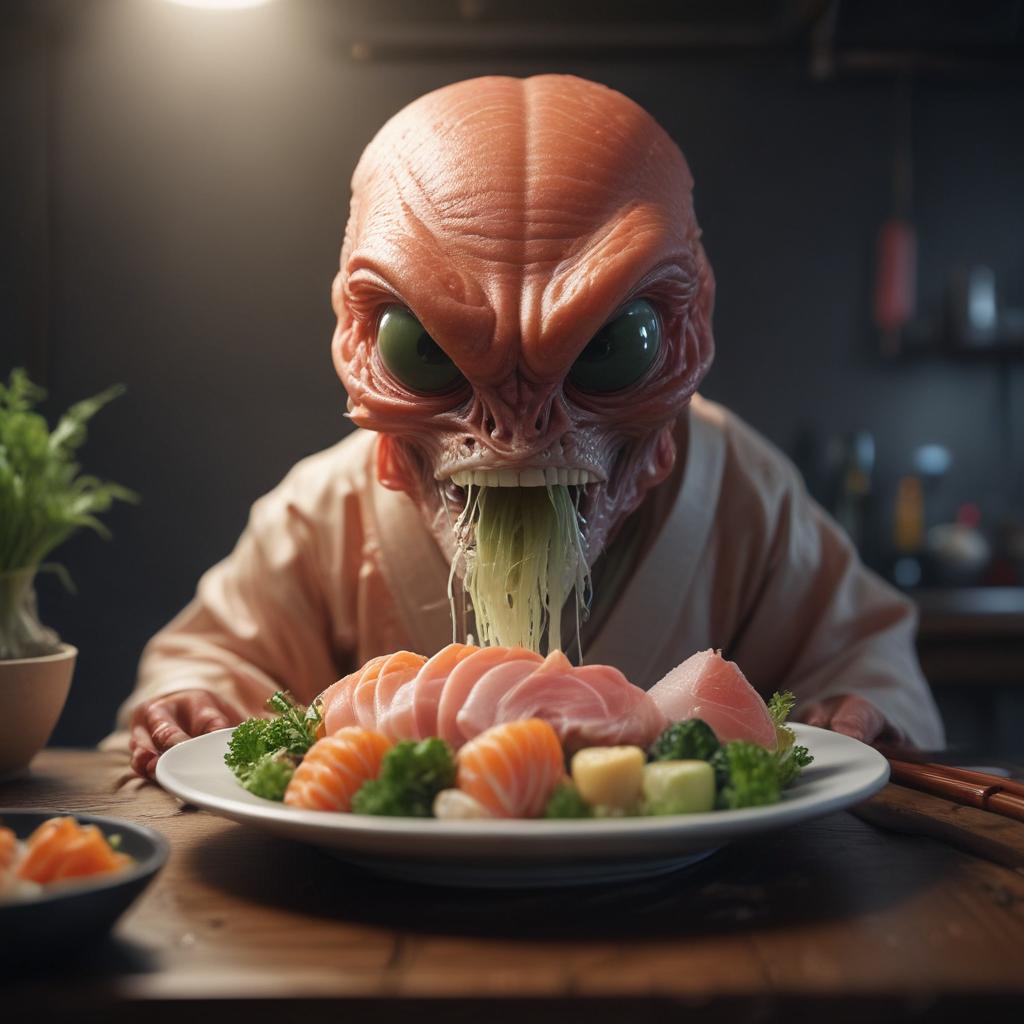 ((masterpiece)),(((best quality))), 8k, high detailed, ultra detailed, An alien eating sashimi, alien, sashimi, chopsticks, plate, sushi chef hyperrealistic, full body, detailed clothing, highly detailed, cinematic lighting, stunningly beautiful, intricate, sharp focus, f/1. 8, 85mm, (centered image composition), (professionally color graded), ((bright soft diffused light)), volumetric fog, trending on instagram, trending on tumblr, HDR 4K, 8K