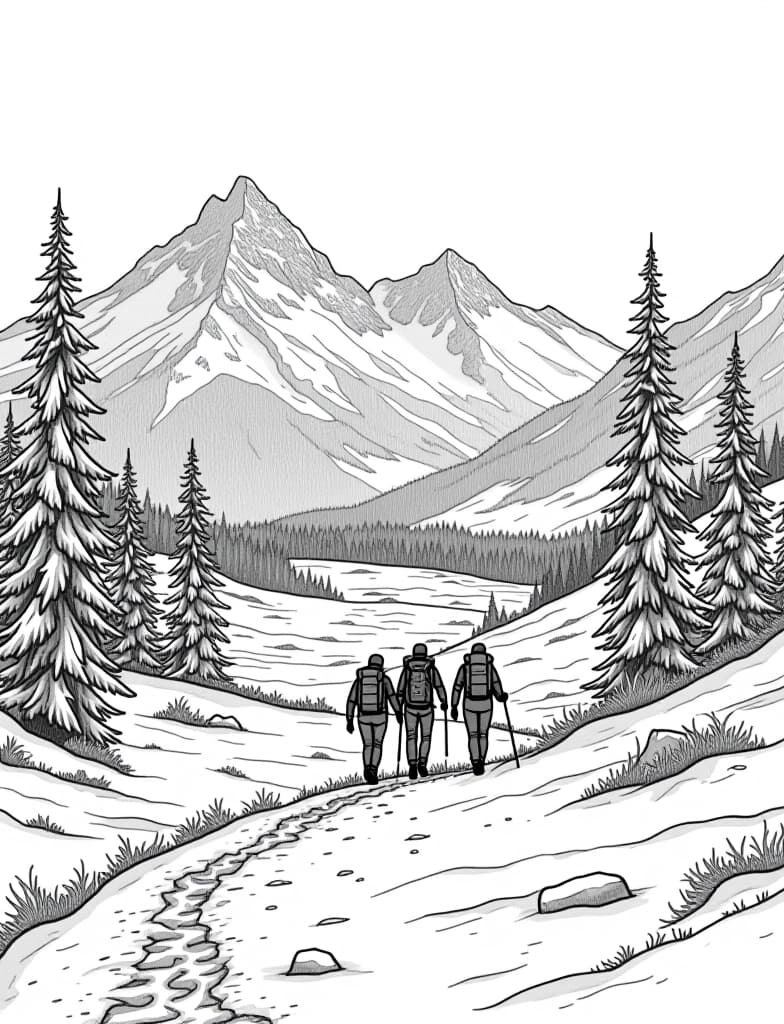  this is for an adult coloring page. a detailed black and white line art of a snowy snow covered valley with a group of hikers walking on a solid white background.