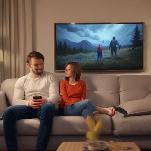 An image of a family wearing comfortable clothes, sitting on a sofa, watching a (((film))) on a modern TV, evening, detailed, realistic