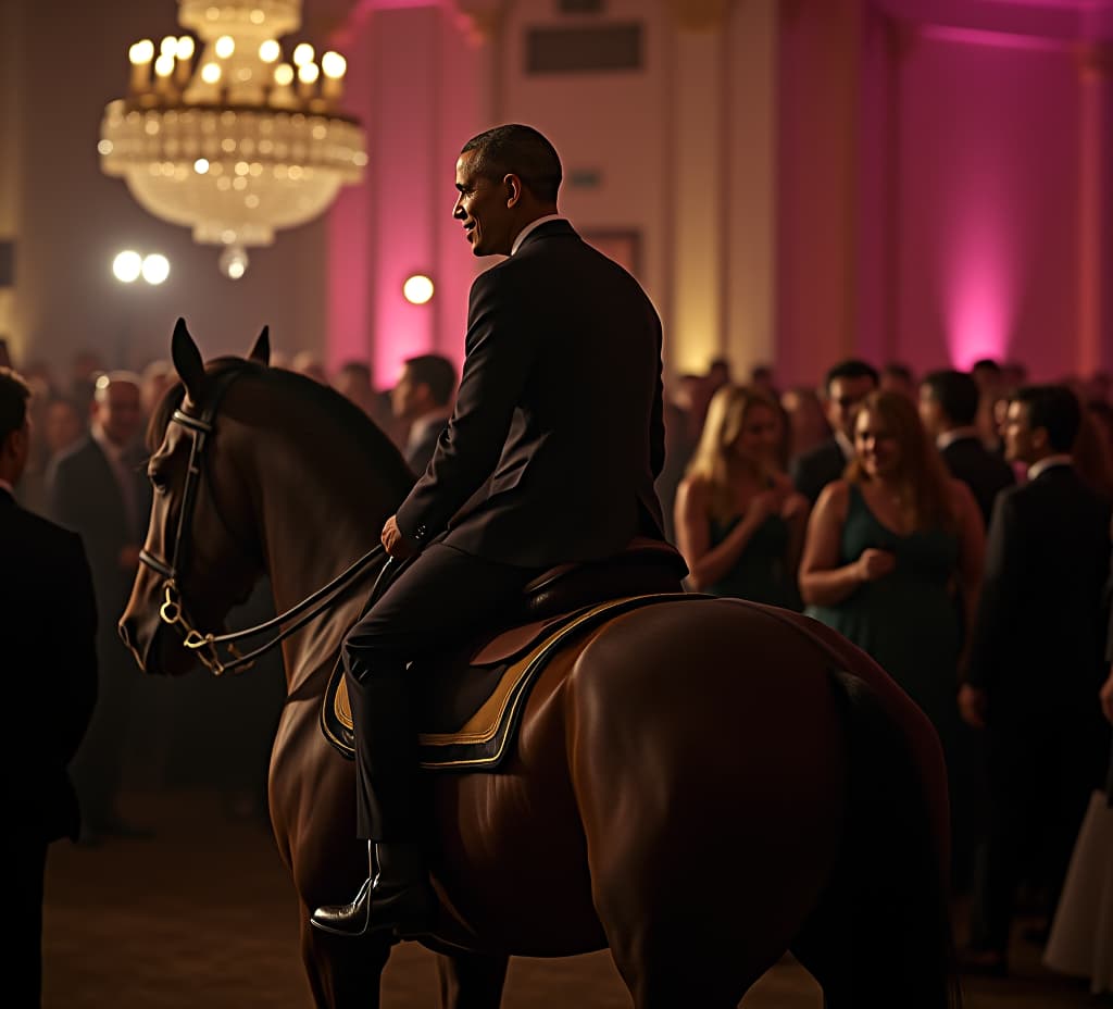  barack obama riding on joe biden back at a party gala, realistic photography, 4k, cinematic.