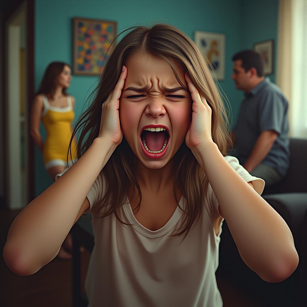  hyperrealistic art masterpiece. (painting. girl in rage, screaming, eyes wide open and hands covering her ears, parents standing nearby and arguing in the room:1.5). highly detailed strokes, clarity. fantasy, surrealism style. pinup style:1.5) . extremely high resolution details, photographic, realism pushed to extreme, fine texture, incredibly lifelike hyperrealistic, full body, detailed clothing, highly detailed, cinematic lighting, stunningly beautiful, intricate, sharp focus, f/1. 8, 85mm, (centered image composition), (professionally color graded), ((bright soft diffused light)), volumetric fog, trending on instagram, trending on tumblr, HDR 4K, 8K