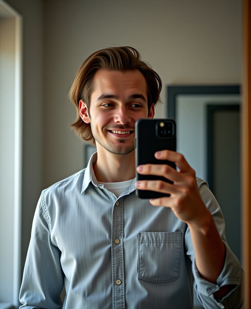  phone photo of a teacher in his 30s looking rested and longing to go back to work. selfie in mirror. posted to reddit in 2019