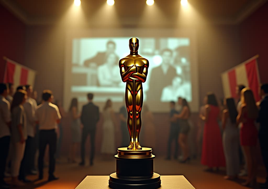  a vintage film set with a golden oscar statue in the foreground, surrounded by international flags, a projector casting black and white movie scenes, and a diverse group of filmmakers celebrating in the background. hyperrealistic, full body, detailed clothing, highly detailed, cinematic lighting, stunningly beautiful, intricate, sharp focus, f/1. 8, 85mm, (centered image composition), (professionally color graded), ((bright soft diffused light)), volumetric fog, trending on instagram, trending on tumblr, HDR 4K, 8K