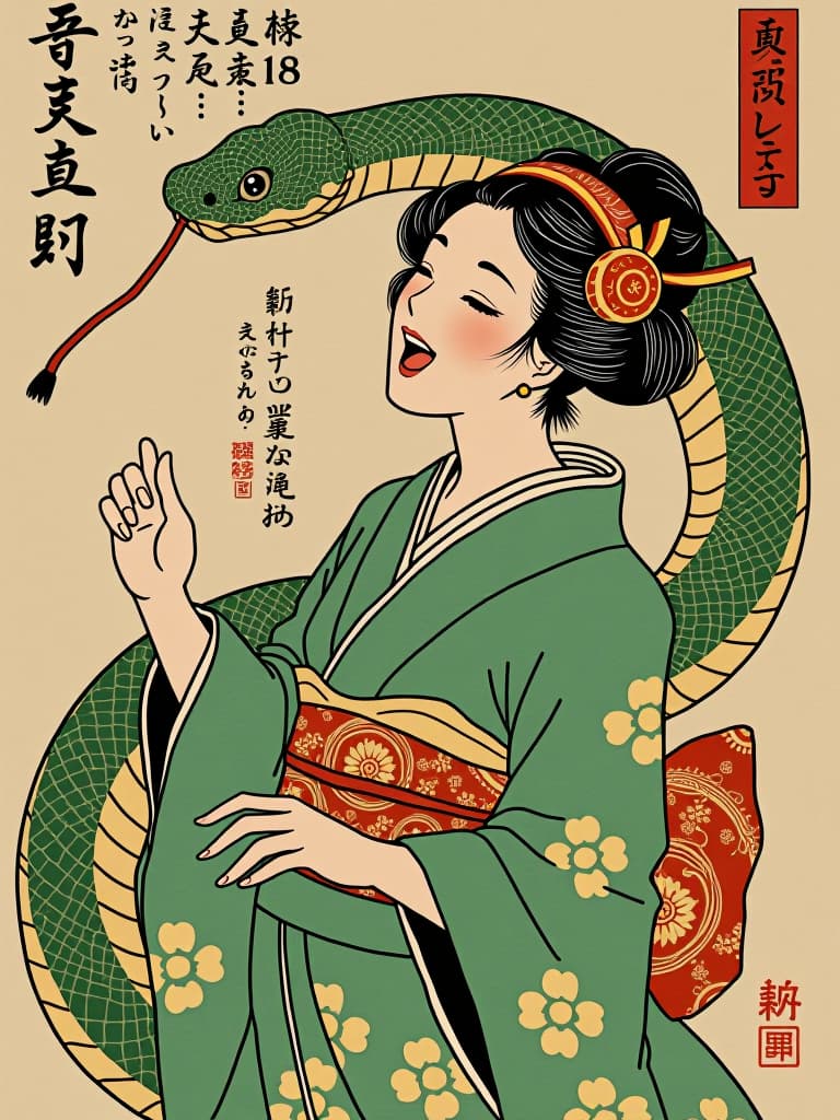  (((green snake:1.3))),(((hokusai katushika))),(((japanese art ukiyoe:1.8))),(((headphone around the neck:2.0))),very loud laugh,(((very joy:1.8))),(((green kimono:1.8)))