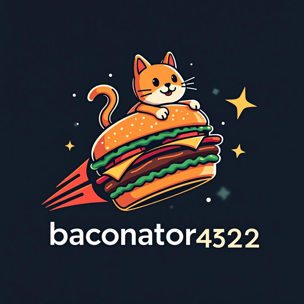  design a logo, a cat on top of a a burger flying through space, with the text 'baconator420'.