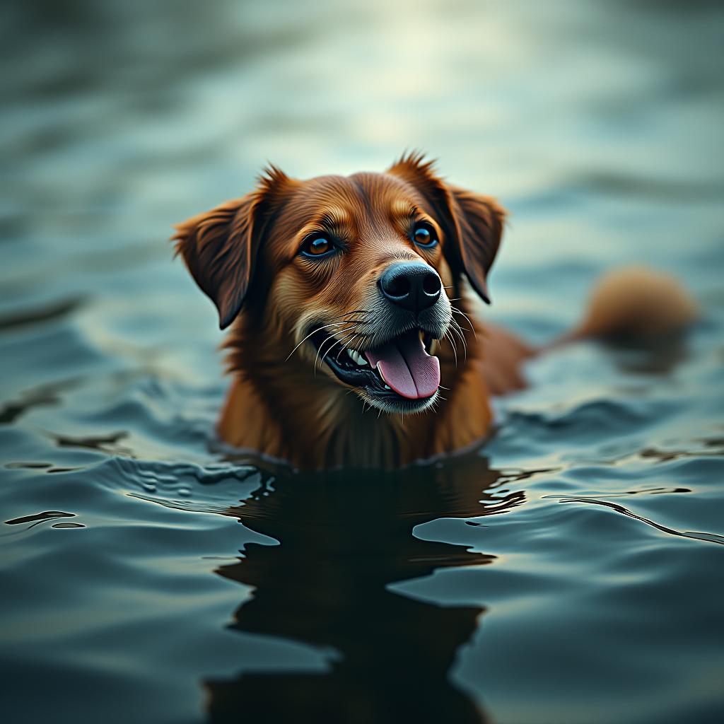  dog in the water hyperrealistic, full body, detailed clothing, highly detailed, cinematic lighting, stunningly beautiful, intricate, sharp focus, f/1. 8, 85mm, (centered image composition), (professionally color graded), ((bright soft diffused light)), volumetric fog, trending on instagram, trending on tumblr, HDR 4K, 8K