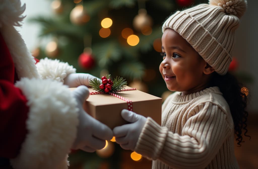  professional detailed photography, close up of santa claus hands in white gloves holding holiday box, giving present to little african american girl in knitted hat and sweater, with christmas tree in background , (muted colors, dim colors, soothing tones), (vsco:0.3)