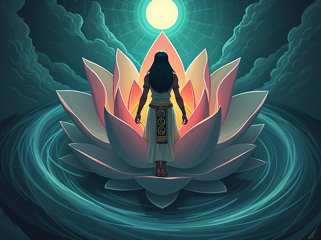  giant lotus flower, center of a whirlpool, mysterious, captivating. the style is digital art illustration / modern comic book / mysterious occult, symbolic, esoteric vibe,high detail on character design, incorporating ancient egyptian symbology and attire.