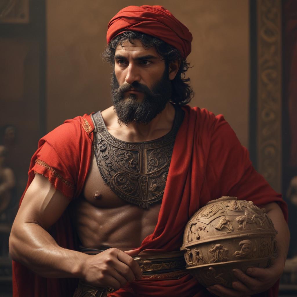 Agamemnon, the desperate leader of the Greek forces, makes a compelling offer to Achilles, his regal attire contrasting with the rugged battlefield surroundings, as he presents the coveted Briseis and promises a trove of treasures, the scene bathed in a golden light with hints of opulence and tension, rendered in a detailed, realistic style with a focus on intricate textures and rich colors."in the style of classical Greek pottery art, with intricate black figures on a red background, depicting mythological scenes with a focus on gods and heroes, using a limited color palette of red, black, and white"This image is a breathtaking painting that captures the magical scene with vivid detail. The overall composition is spellbinding, showcasing a hyperrealistic, full body, detailed clothing, highly detailed, cinematic lighting, stunningly beautiful, intricate, sharp focus, f/1. 8, 85mm, (centered image composition), (professionally color graded), ((bright soft diffused light)), volumetric fog, trending on instagram, trending on tumblr, HDR 4K, 8K