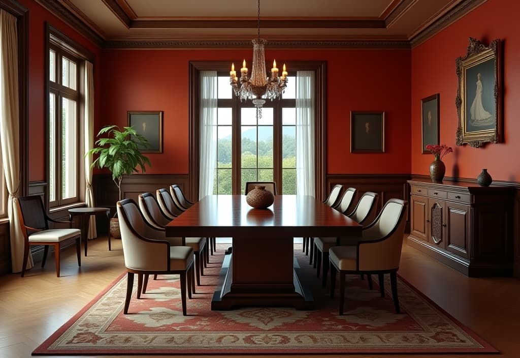  a landscape photo of a sophisticated dining room with a large wooden table and chairs, surrounded by walls painted in a rich, complementary color, with soft lighting and elegant decor hyperrealistic, full body, detailed clothing, highly detailed, cinematic lighting, stunningly beautiful, intricate, sharp focus, f/1. 8, 85mm, (centered image composition), (professionally color graded), ((bright soft diffused light)), volumetric fog, trending on instagram, trending on tumblr, HDR 4K, 8K