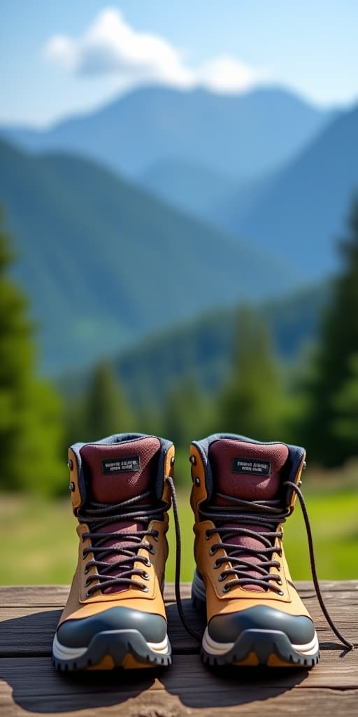  hiking boots placed on wooden overlook with mountain landscape background, hiking, travel, adventure, boots, footwear