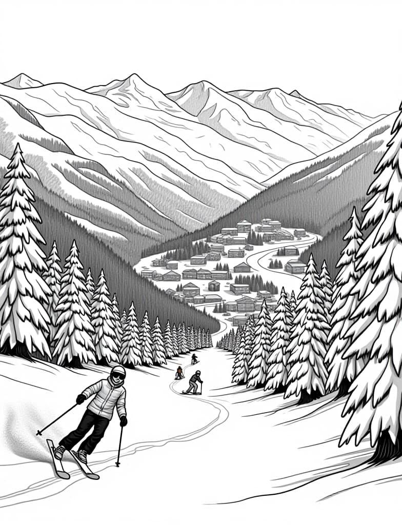  this is for an adult coloring page. a detailed black and white line art of a snowy ski resort with skiers coming down the slopes on a solid white background.