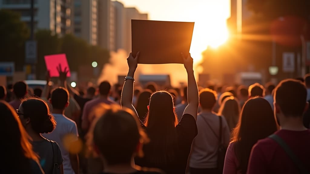  marcha pela diversidade protesto com ativistas e faixas em meio a movimento urbano iluminados pela luz suave da tarde