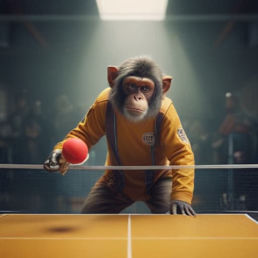 monkey is playing pingpong hyperrealistic, full body, detailed clothing, highly detailed, cinematic lighting, stunningly beautiful, intricate, sharp focus, f/1. 8, 85mm, (centered image composition), (professionally color graded), ((bright soft diffused light)), volumetric fog, trending on instagram, trending on tumblr, HDR 4K, 8K