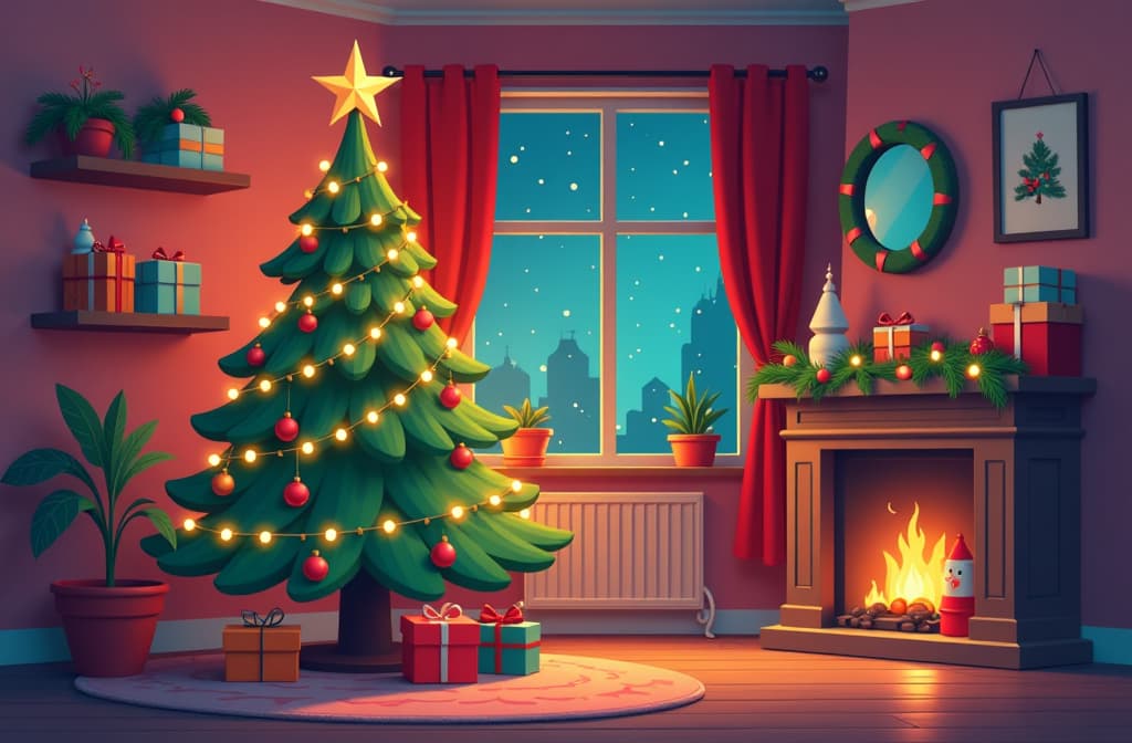  flat illustration, flaticon, (illustration:1.15), beautifully decorated christmas tree with twinkling lights, festive atmosphere in the house, festive mood, bright colors, high quality ar 3:2, [cory loftis, strobist, pascal campion :: 0.2]