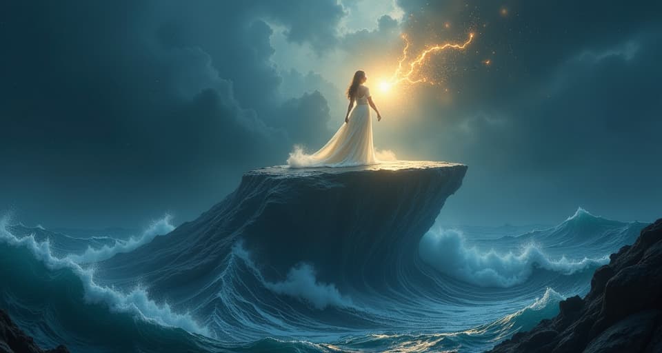  an ethereal platform rising from a dark, tumultuous sea. a radiant figure stands elevated upon it, glowing with divine light, while dark waves below signify vanquished attempts of destruction.. the style is digital art illustration,highly detailed, whimsical,magical, dreamlike atmosphere, realism and fantasy blend, smooth, glossy textures,luminous quality, wonder and enchantment.