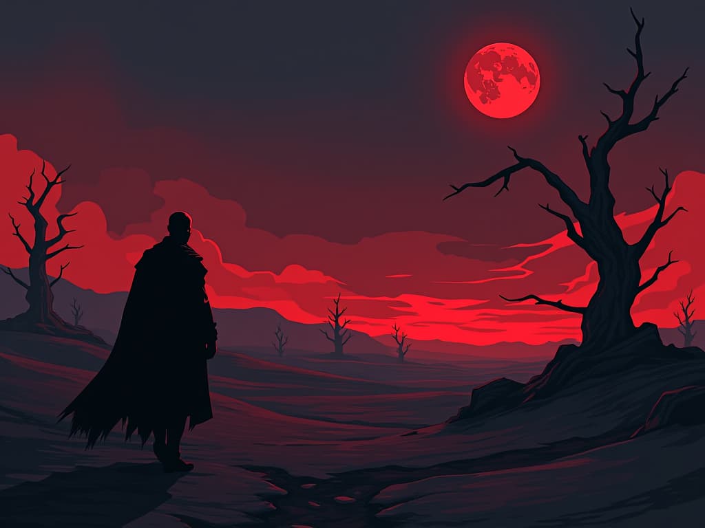  cain in dark red, wandering a barren landscape, mark etched on forehead, weighed by guilt under twilight skies. the style is digital art illustration / modern comic book / graphic dark novel fantasy and mysterious occult, symbolic, moody lighting, esoteric vibe,high detail on character design. for the color scheme emphasize blacks and reds.