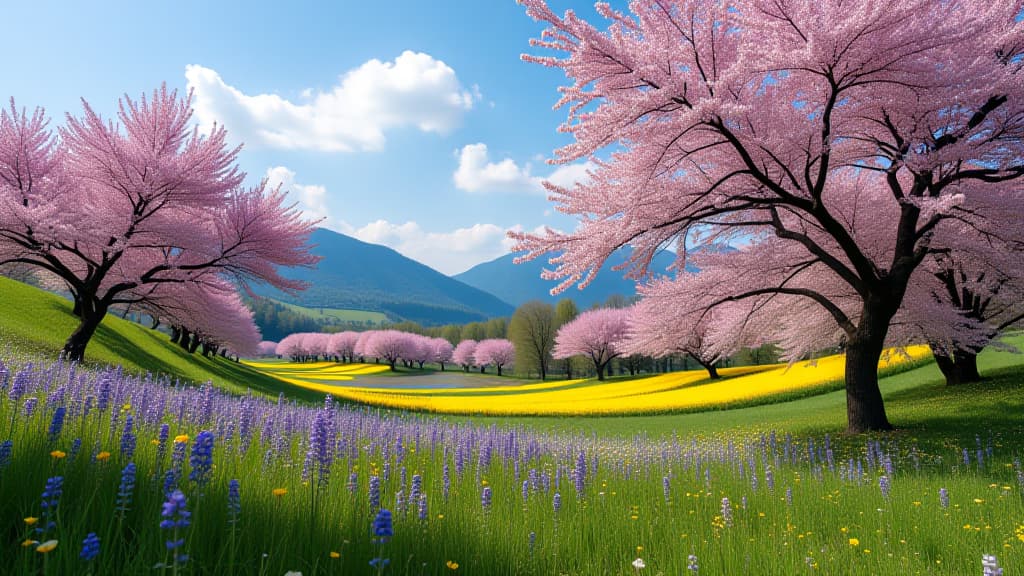  in the spring valley, cherry blossoms bloom, and colorful flowers complement each other with the blue sky