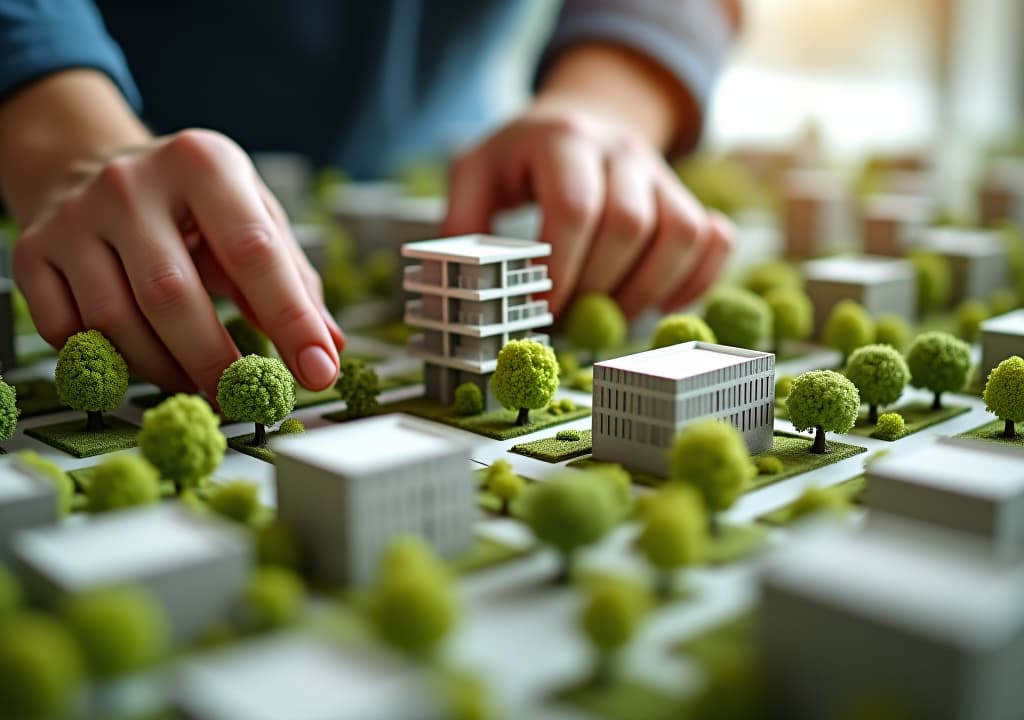  a hands on approach to urban planning showcasing a detailed city model with modern buildings and greenery.