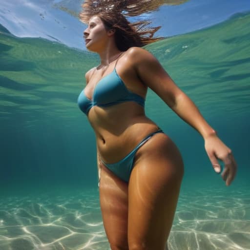 tanned woman with wide hips in full growth struggles underwater