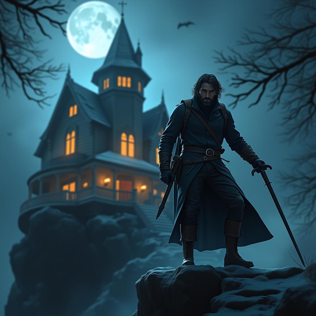  create a high quality, photorealistic image that vividly depicts the following scene: in the deathly stillness of a moonlit night, the adventurer, garbed in worn leather, teeters on the precipice of the gothic mansion. his steely gaze portends an unwavering determination, mirroring the frosty chill permeating the air. the mansion, aglow with haunting phosphorescence, reveals intricate woodwork and weathered stone, appearing both demonic and majestic. ghostly whispers carried by the cold wind flirt with his stubble coated face, setting afoot the feeling of impending doom. captured masterfully in 8k, with the sony alpha 7r iv, zeiss batis 40mm f/2 lens, iso 1000, exposure time 1/120s, the poignant intensity of the adventurer's courage ag hyperrealistic, full body, detailed clothing, highly detailed, cinematic lighting, stunningly beautiful, intricate, sharp focus, f/1. 8, 85mm, (centered image composition), (professionally color graded), ((bright soft diffused light)), volumetric fog, trending on instagram, trending on tumblr, HDR 4K, 8K