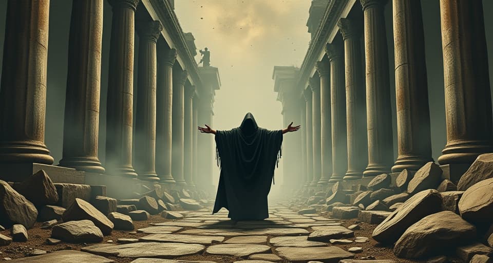  ancient pillars shaking, cracks forming, debris falling, a cloaked figure standing in the center with arms extended, shadowy forces recoiling, upheaval, resistance. an illustration in the style of a worn, mystical old tarot trump card, mysterious and elements of surrealism. the colors are muted, somber and eerie, but with contrast bring out an occult and esoteric vibe.