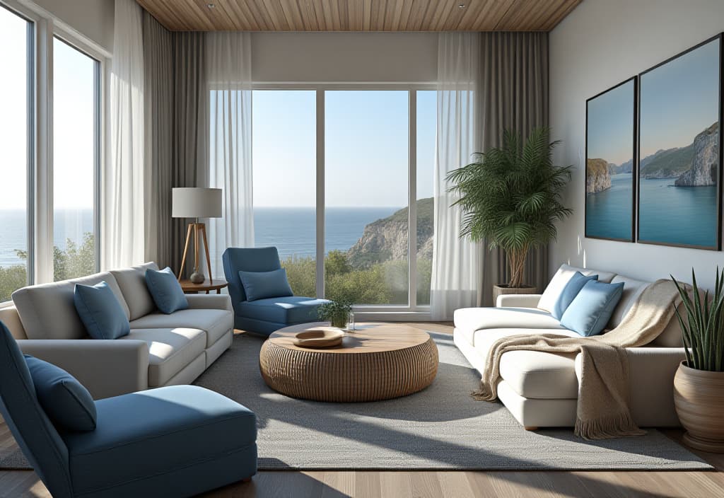  a landscape photo of a coastal inspired living room with shades of blue and white, natural textures like jute and driftwood, and large windows framing an ocean view hyperrealistic, full body, detailed clothing, highly detailed, cinematic lighting, stunningly beautiful, intricate, sharp focus, f/1. 8, 85mm, (centered image composition), (professionally color graded), ((bright soft diffused light)), volumetric fog, trending on instagram, trending on tumblr, HDR 4K, 8K