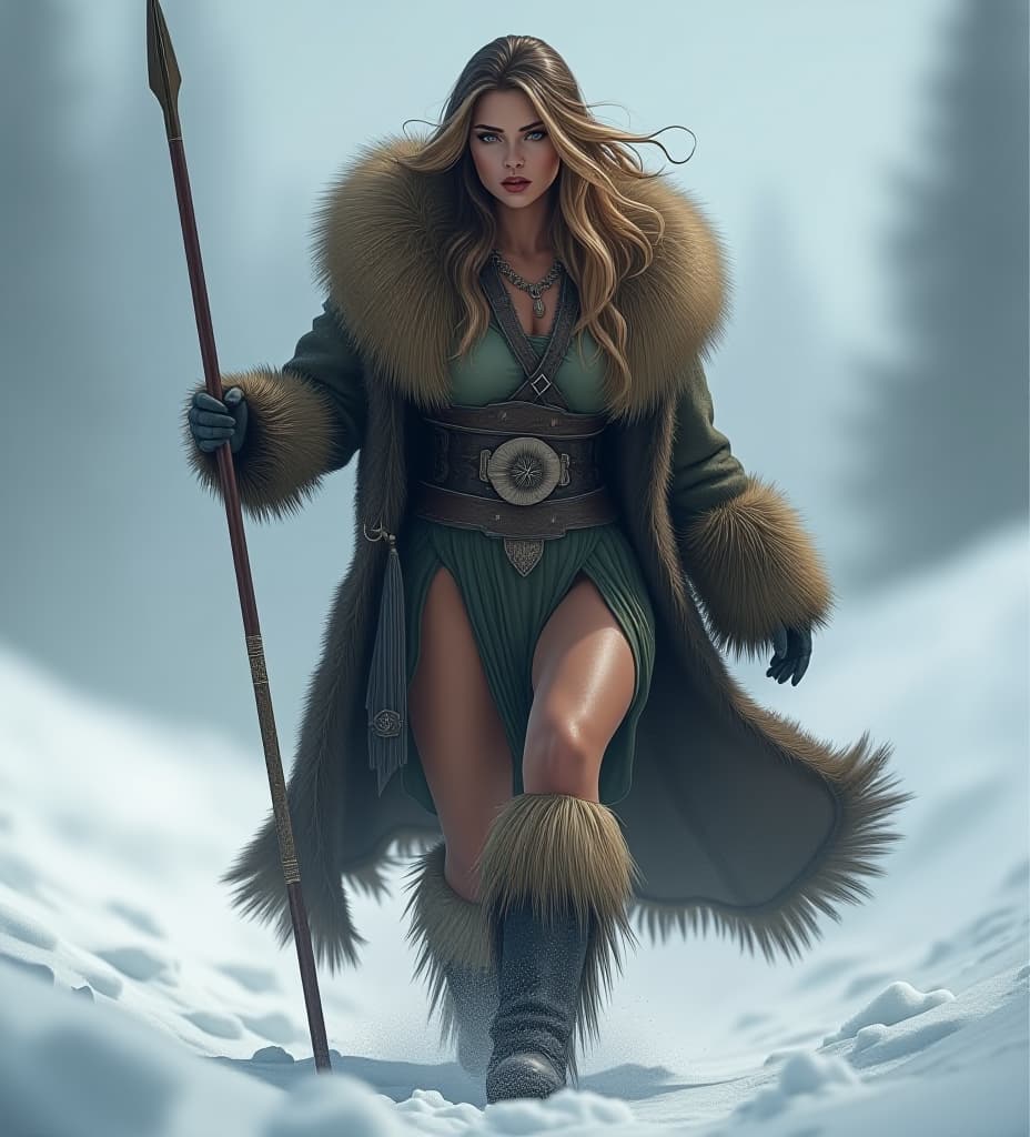  it is the ice age. a voluptuous woman wearing a coat made out of bear skin is hunting in the snow. action pose, spear ready in her left hand. fantasy image. ultra detailed. intricate details. uhd.