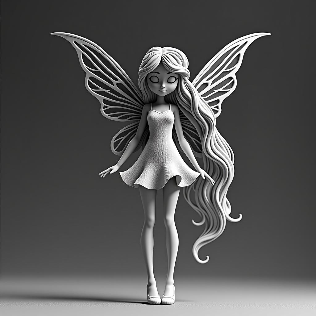  play doh style a black white vector contour of a fairy with wings, a fairy is full of height, in a short dress with very long blond hair of the contour line . sculpture, clay art, centered composition, claymation hyperrealistic, full body, detailed clothing, highly detailed, cinematic lighting, stunningly beautiful, intricate, sharp focus, f/1. 8, 85mm, (centered image composition), (professionally color graded), ((bright soft diffused light)), volumetric fog, trending on instagram, trending on tumblr, HDR 4K, 8K