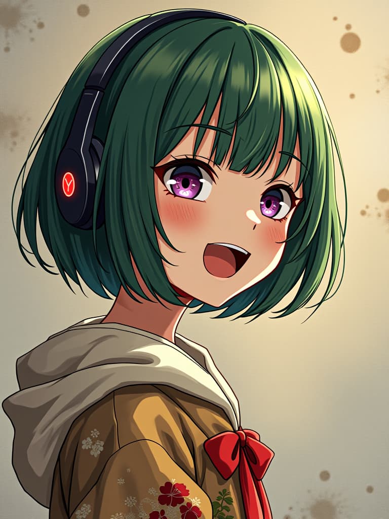  1girl,18yo,(((green bob haircut:1.2))),(((purple eyes))),headphone,very loud laugh,grunge splats,(((hokusai katushika:1.8))),(((japanese ukiyoe:1.8))) hyperrealistic, full body, detailed clothing, highly detailed, cinematic lighting, stunningly beautiful, intricate, sharp focus, f/1. 8, 85mm, (centered image composition), (professionally color graded), ((bright soft diffused light)), volumetric fog, trending on instagram, trending on tumblr, HDR 4K, 8K