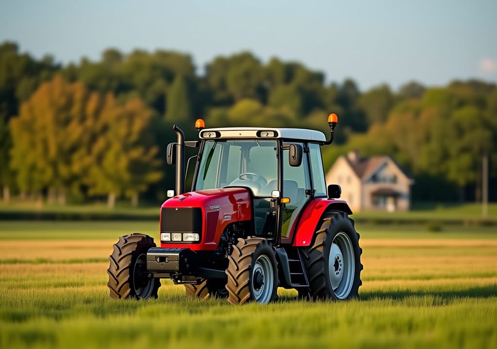  a red tractor in a field with trees and a house in the background