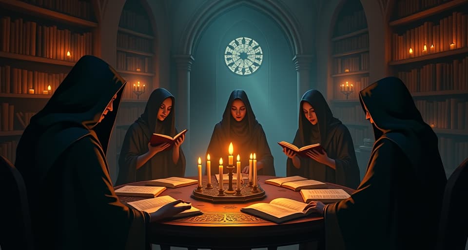  a dimly lit room filled with ancient tomes and symbols. shadowy figures light candles around an arcane circle, their hands trembling, chanting in a language from ancient, forbidden texts.. the style is digital art illustration,highly detailed, whimsical,magical, dreamlike atmosphere, realism and fantasy blend, smooth, glossy textures,luminous quality, wonder and enchantment.