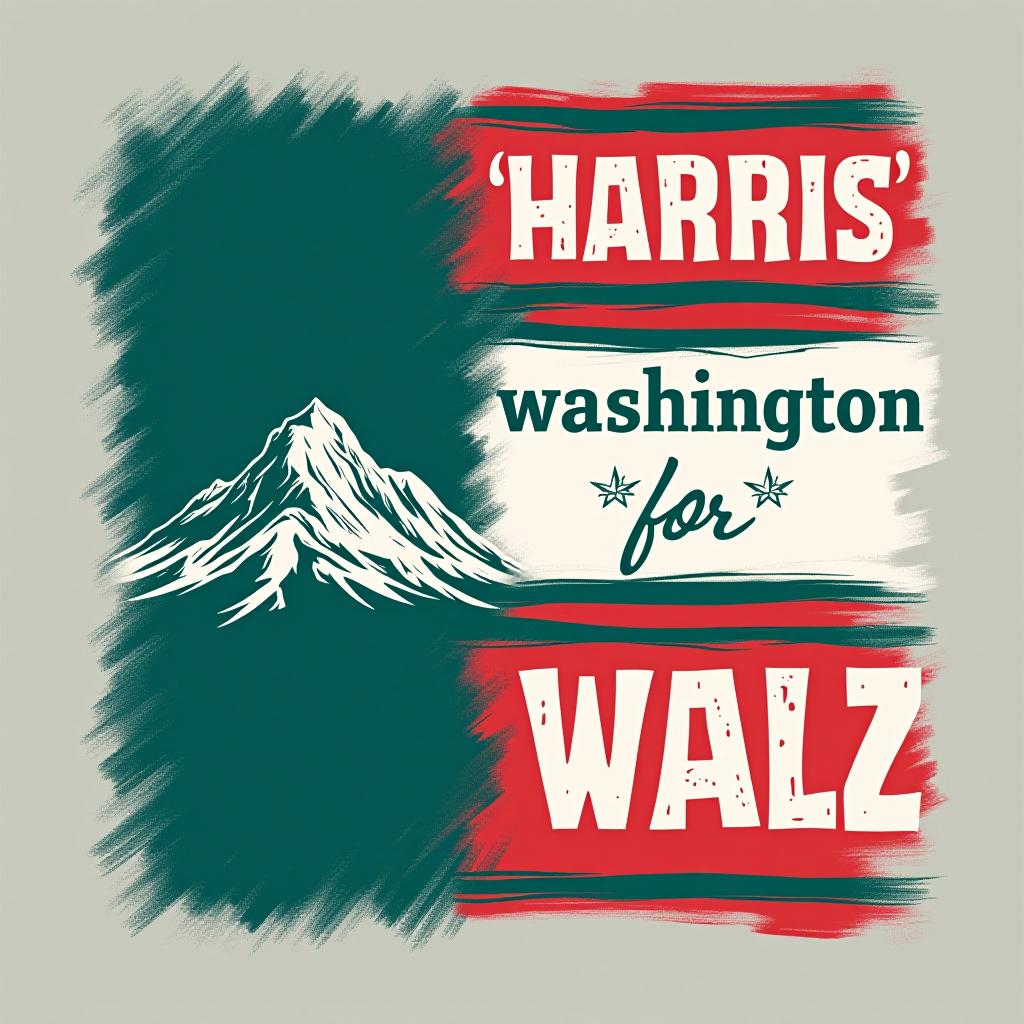  a tshirt design inspired by the washington state flag. the left side features a green vertical stripe with a large mountain in the center. the right side is divided into two horizontal sections: the top section is white with the text 'washington for' in bold, green, uppercase letters, and the bottom section is red with the text 'harris walz' in bold, white, uppercase letters. the overall layout is clean and straightforward, with a clear and patriotic color scheme of blue, white, and red.