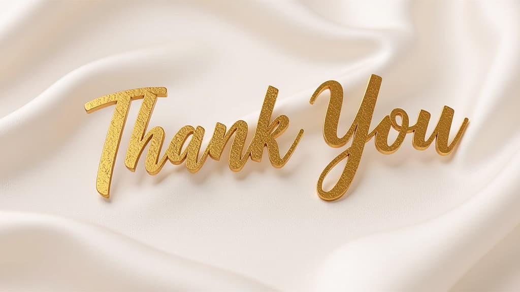  gold thin 3d handwritten letters "thank you" featuring wavy lines, on a light silk background ar 16:9 {prompt}, maximum details