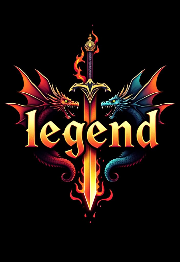  design a logo, custom sticker design on an isolated black background with the words ‘legend’ in bold font decorated by mythical dragons and a flaming sword