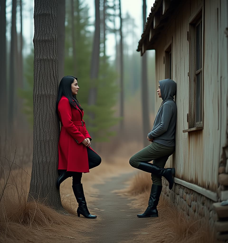  cinematic photo midle aged russian women and young s stand opposite each other in abandoned village in the forest. woman with long black hair and with cigarette leans the tree with one high up leg. she wears in red coat, , black and high heel boots. girl long grey hair leans the wall with one high up leg. she wears in grey hoodie, military pants and high heel boots. full body, side view, hyperdetailed, 4k . 35mm photograph, film, bokeh, professional, 4k, highly detailed