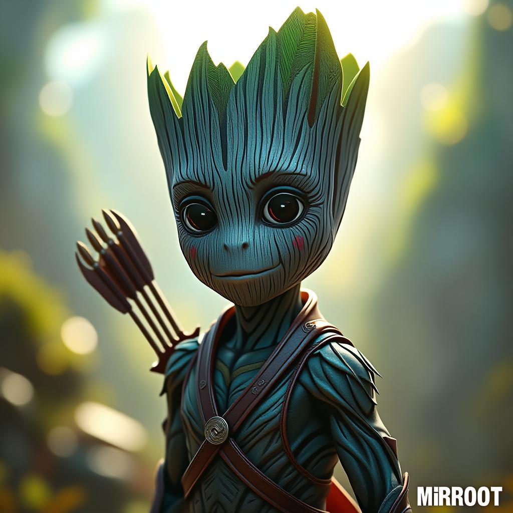  a cute looking man in deep sky blue skin with bow and arrow on shoulder having a tilak on head and bright background named mr groot in bold in box in bottom of the image hyperrealistic, full body, detailed clothing, highly detailed, cinematic lighting, stunningly beautiful, intricate, sharp focus, f/1. 8, 85mm, (centered image composition), (professionally color graded), ((bright soft diffused light)), volumetric fog, trending on instagram, trending on tumblr, HDR 4K, 8K