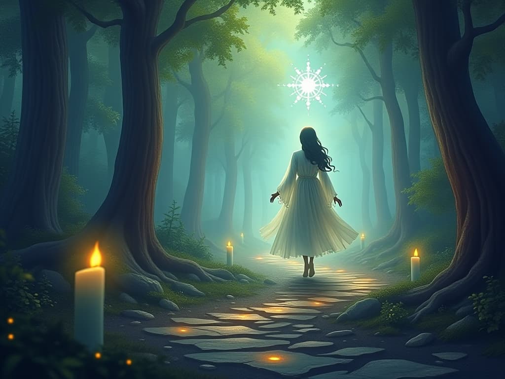  mystic on path of ascension, glowing ethereal beings and celestial symbols guiding the way in a luminous forest setting.. the style is digital art illustration,highly detailed, whimsical,magical, dreamlike atmosphere, realism and fantasy blend, smooth, glossy textures,luminous quality, wonder and enchantment.