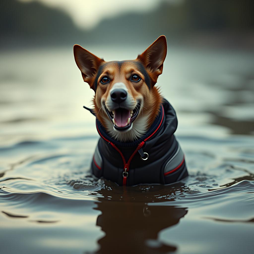  dog in the water hyperrealistic, full body, detailed clothing, highly detailed, cinematic lighting, stunningly beautiful, intricate, sharp focus, f/1. 8, 85mm, (centered image composition), (professionally color graded), ((bright soft diffused light)), volumetric fog, trending on instagram, trending on tumblr, HDR 4K, 8K