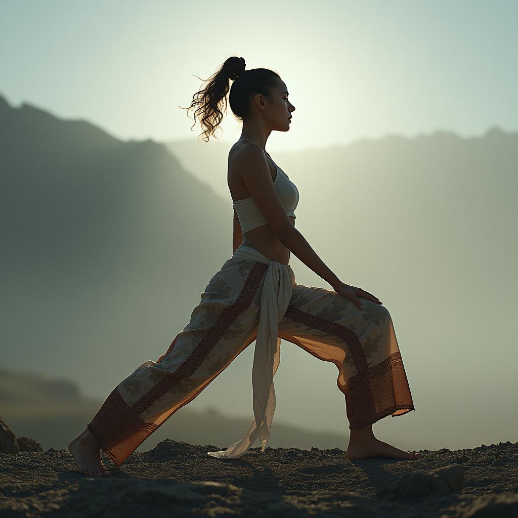  a girl is doing yoga on the side, wearing an outfit with flared pants. hyperrealistic, full body, detailed clothing, highly detailed, cinematic lighting, stunningly beautiful, intricate, sharp focus, f/1. 8, 85mm, (centered image composition), (professionally color graded), ((bright soft diffused light)), volumetric fog, trending on instagram, trending on tumblr, HDR 4K, 8K