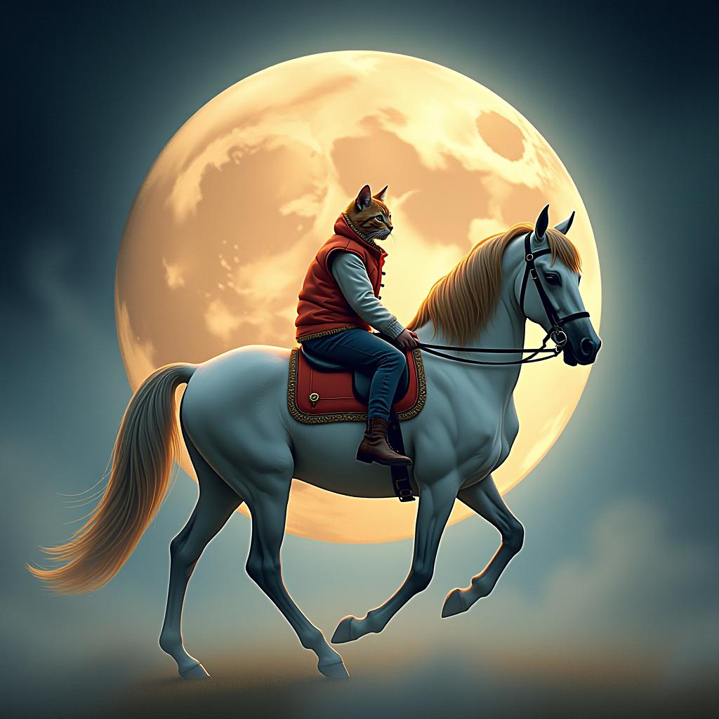  a cat riding a horse, watercolor painting, on the moon, studio light, hdr 4k hyperrealistic, full body, detailed clothing, highly detailed, cinematic lighting, stunningly beautiful, intricate, sharp focus, f/1. 8, 85mm, (centered image composition), (professionally color graded), ((bright soft diffused light)), volumetric fog, trending on instagram, trending on tumblr, HDR 4K, 8K