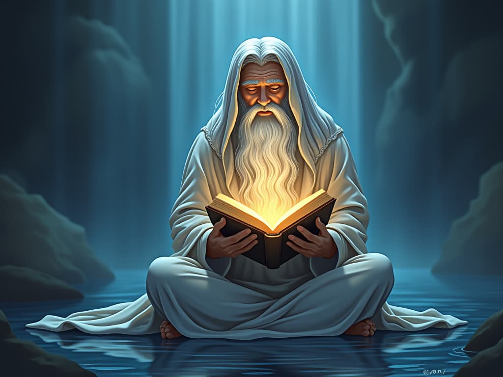  ethereal sage with a glowing book, seated by a celestial spring, beams of light illuminating the text, atmosphere of profound wisdom. the style is digital art illustration,highly detailed, whimsical,magical, dreamlike atmosphere, realism and fantasy blend, smooth, glossy textures,luminous quality, wonder and enchantment.