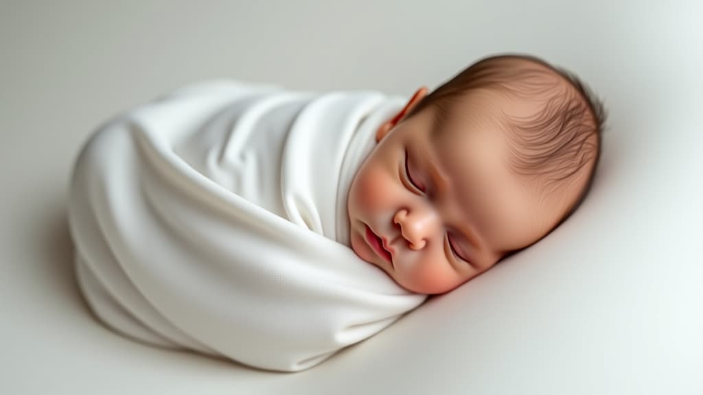  sleeping newborn baby wrapped in a white blanket