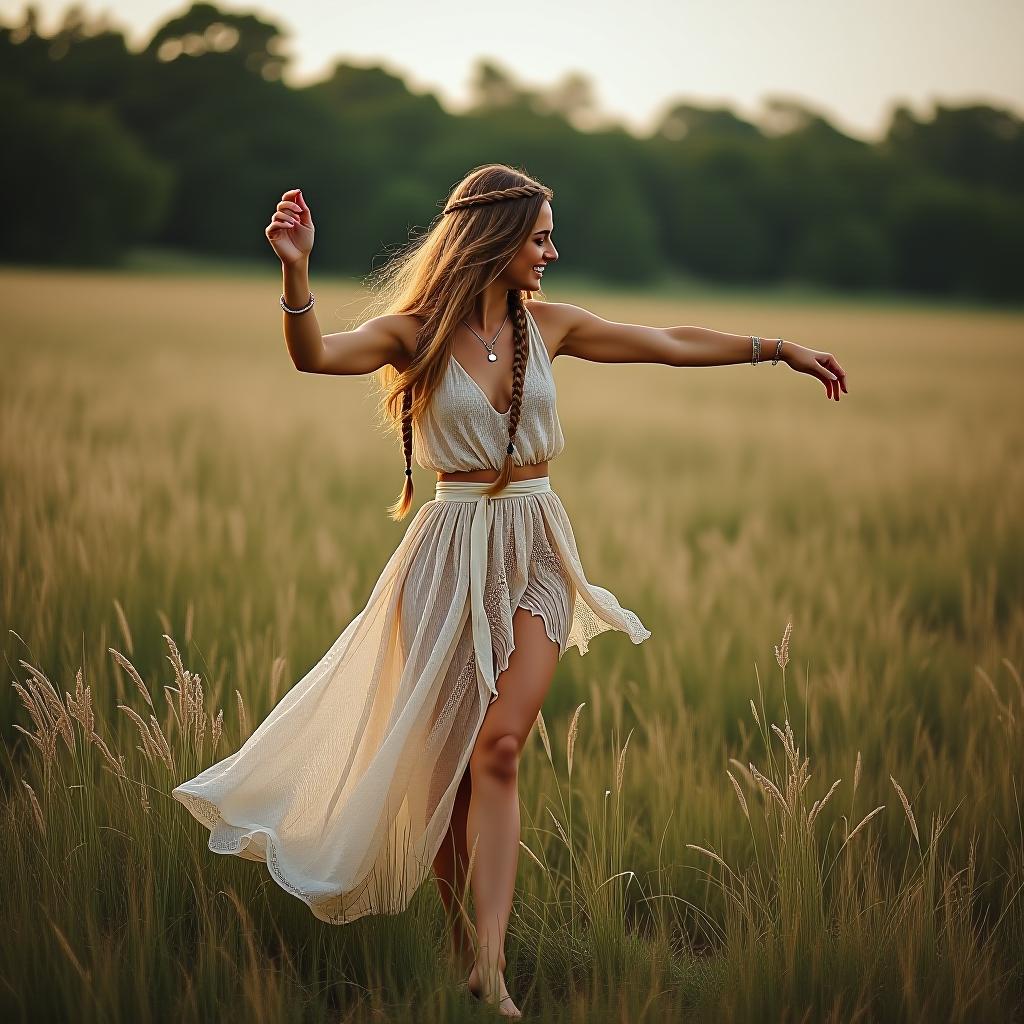  make an image of a woman with two dutch braids dancing in nature in boho attire