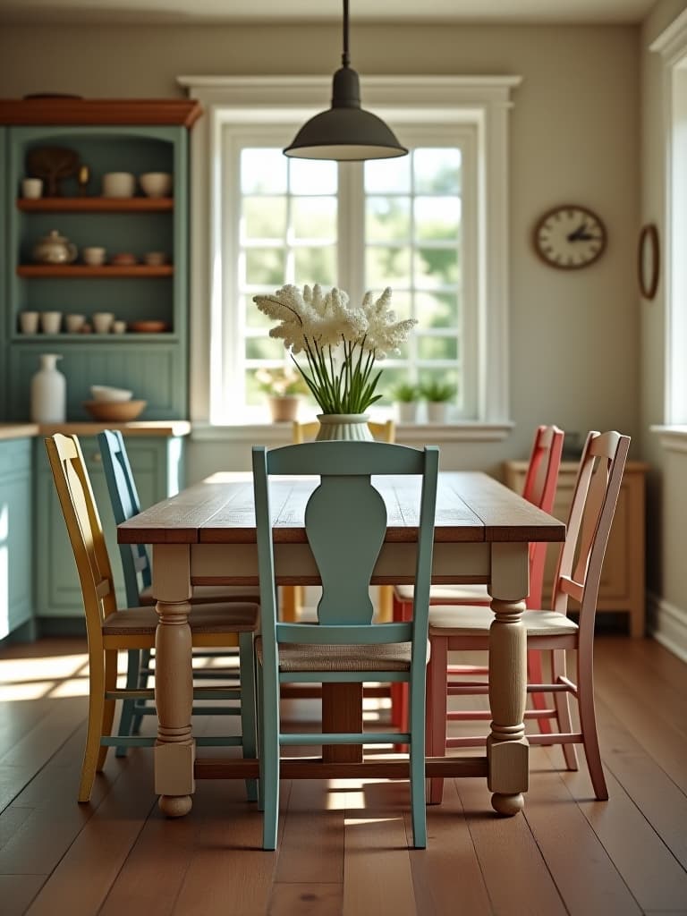  high quality portrait photo of a collection of mismatched vintage chairs painted in various pastel shades, surrounding a rustic farmhouse table in a sun drenched kitchen nook hyperrealistic, full body, detailed clothing, highly detailed, cinematic lighting, stunningly beautiful, intricate, sharp focus, f/1. 8, 85mm, (centered image composition), (professionally color graded), ((bright soft diffused light)), volumetric fog, trending on instagram, trending on tumblr, HDR 4K, 8K